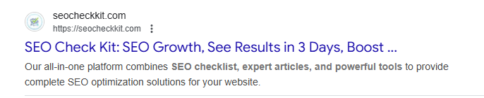 SEO Check Kit SERP Results - Title Tag Example